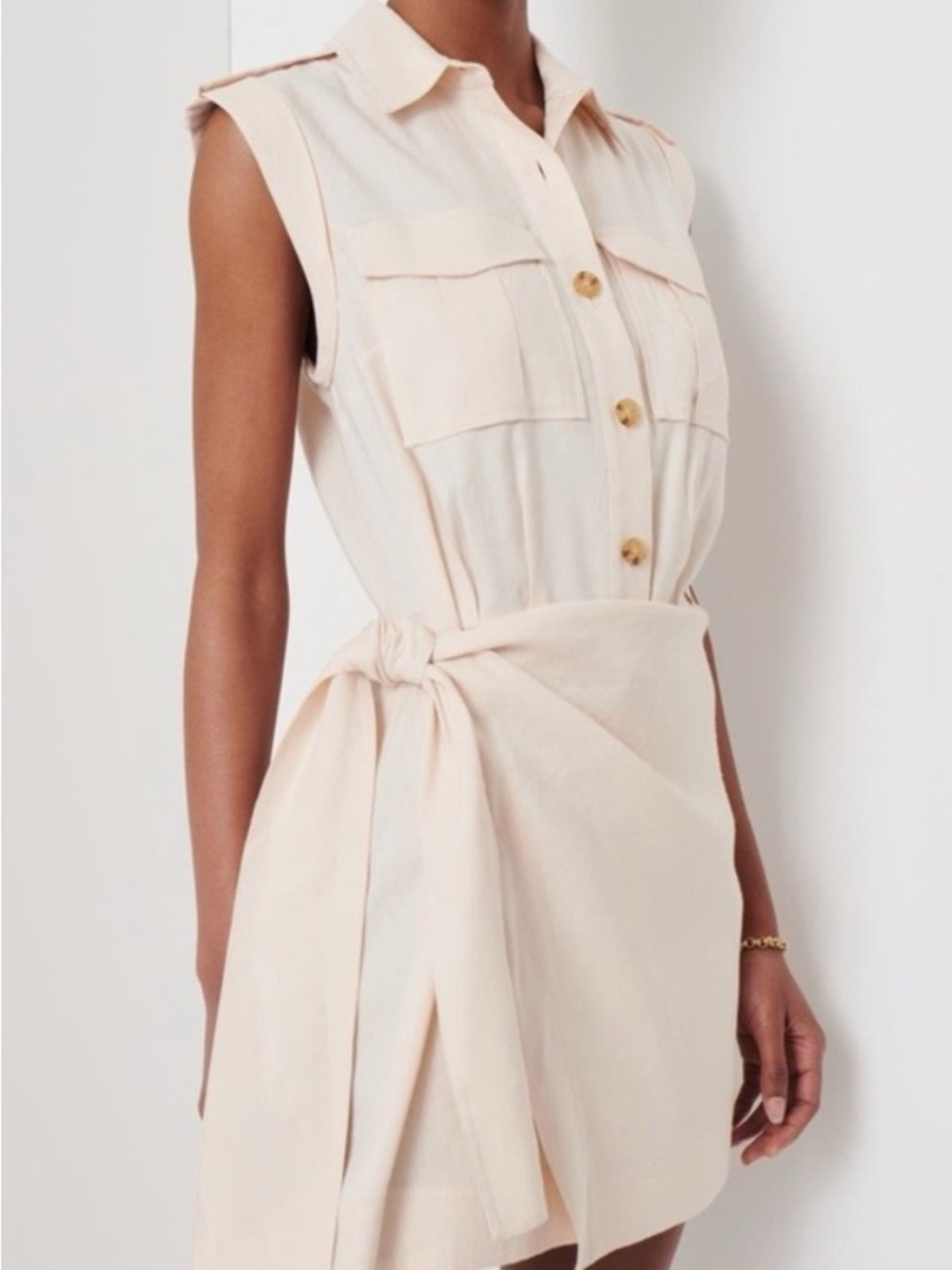 10 Crosby Derek Lam Cream Sleeveless linen blend Shirt Dress with Tie Waist